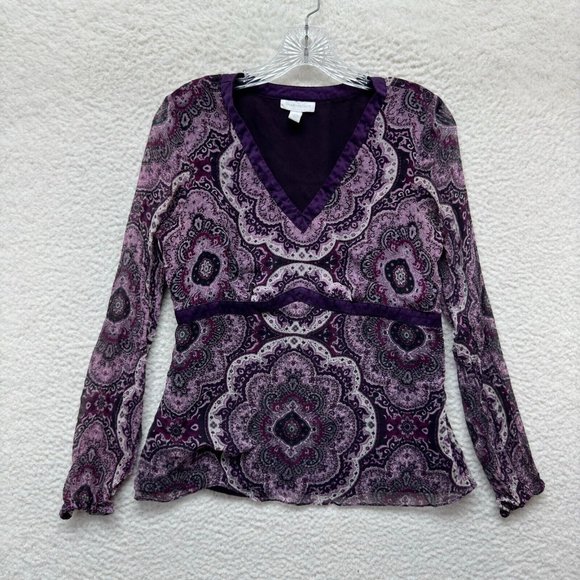 Y2K Vintage Silk Mesh Babydoll Blouse Top 6 M Medium Purple Paisley Boho Grunge - Picture 1 of 8